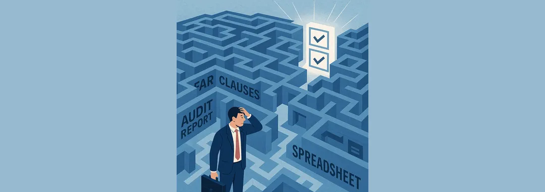 A government contracting professional stands inside a complex maze labeled with “FAR Clauses,” “Audit Report,” and “Spreadsheet,” representing outdated compliance methods. In the distance, a glowing structure symbolizes a streamlined path to strategic compliance in government contracting.