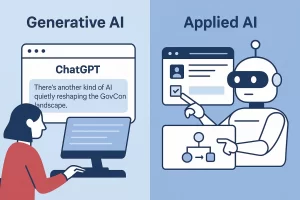 Visual comparison of generative AI and applied AI in GovCon — showing ChatGPT assisting communication and embedded AI executing inside systems.